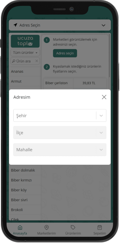 İl, ilçe ve mahalle seçme adımı